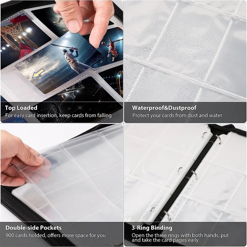 900-Pocket Zippered PU Card Binder – Portable Album for Trading, Baseball & Football Cards
